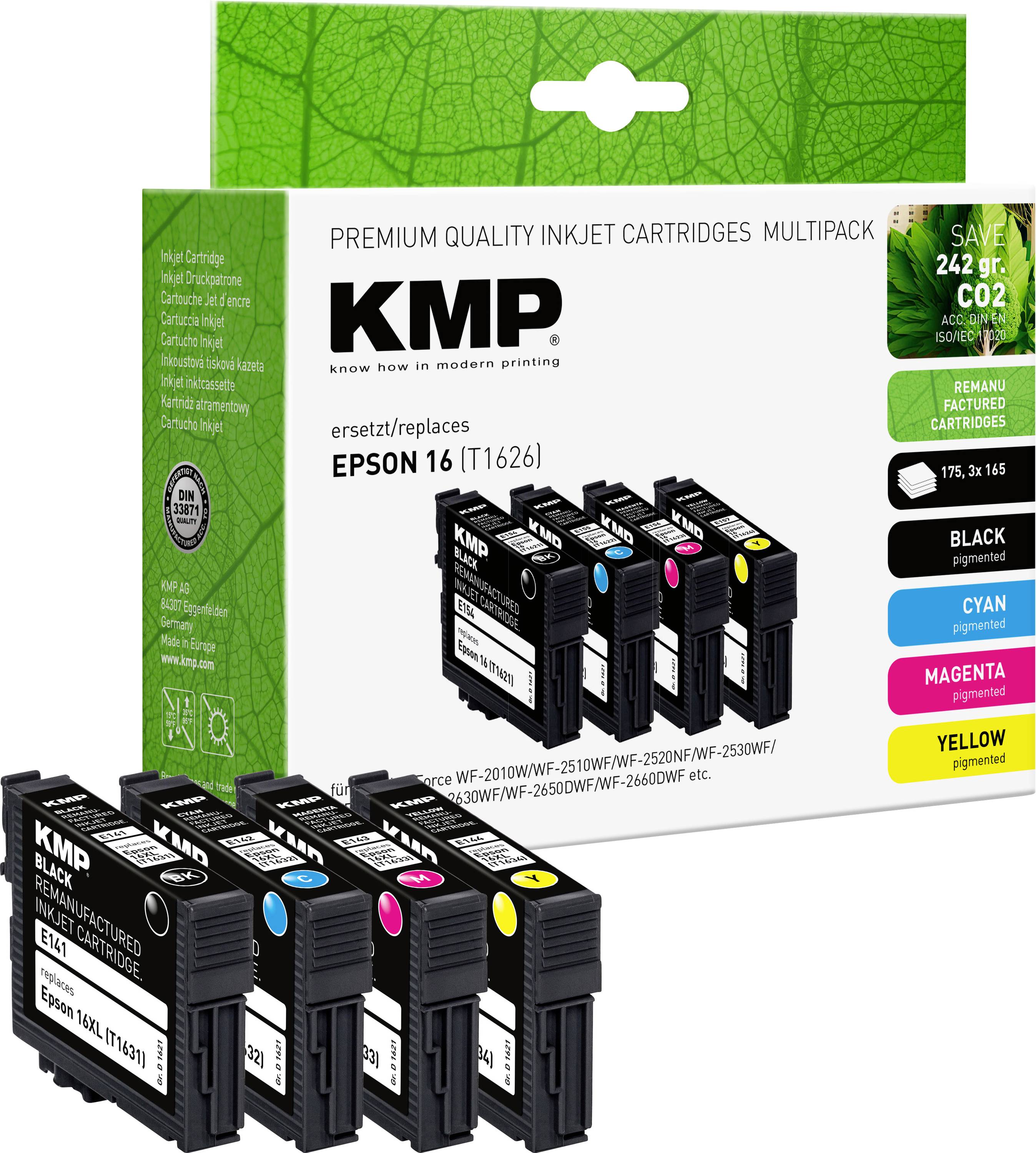 Packaging for KMP ink cartridges for Epson printers, including 16 cartridges in Black, Cyan, Magenta, and Yellow, compatible with various printer models.