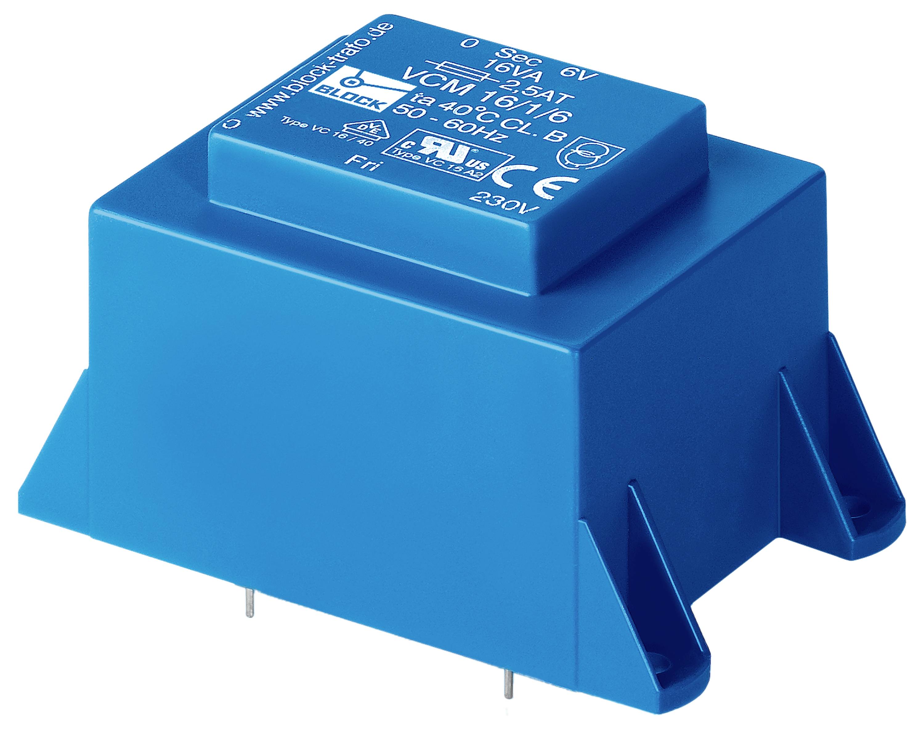 A blue AC/DC transformer labeled VCM 18/6/12 G1 with a voltage of 6V and capacity of 16VA, showing certification symbols and pins.