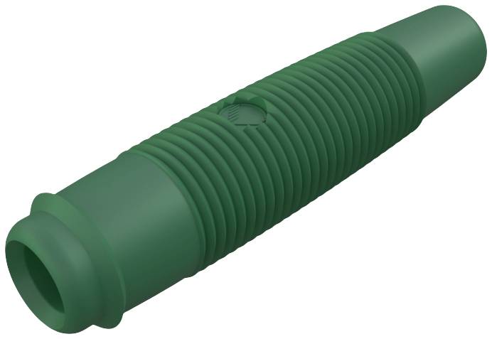 Green, ribbed garden hose connector or adapter, cylindrical in shape, for connecting sections of hose.