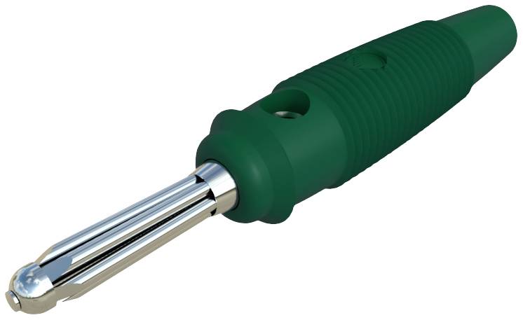 Green, isolated plug with a metallic contact point and ribbed handle, on a white background.