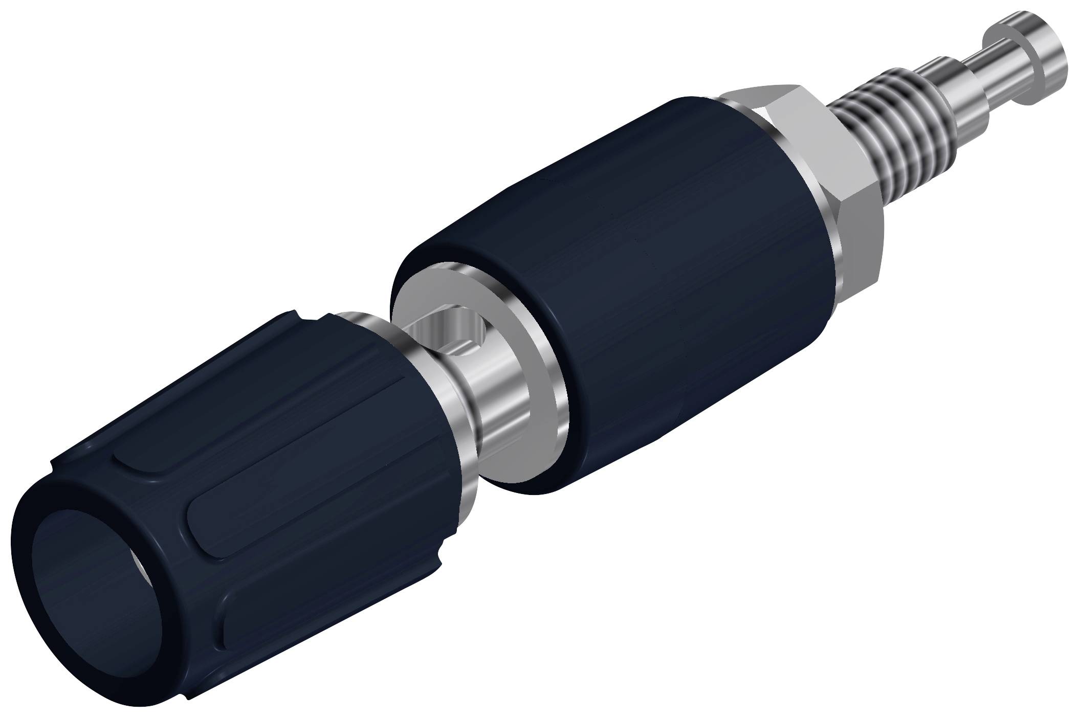 Electrical connector in the technical field, comprising a metallic plug and a black, ribbed plastic handle.