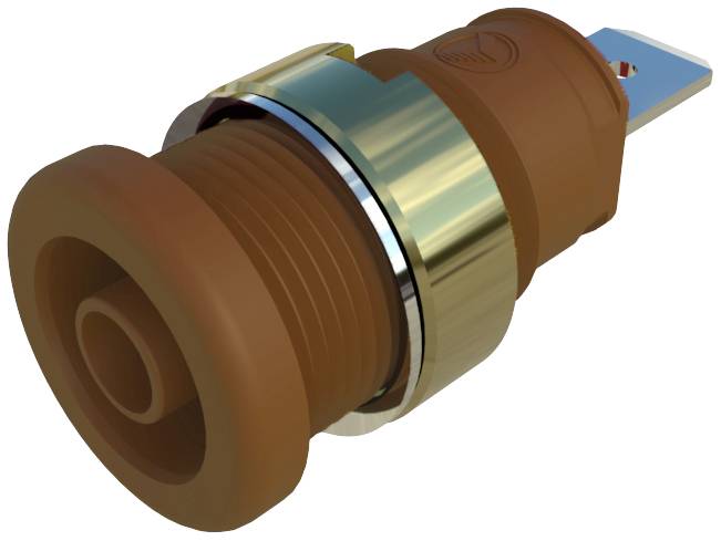 A brown electrical connector with a blue connection contact and a golden ring in the centre, against a white background.