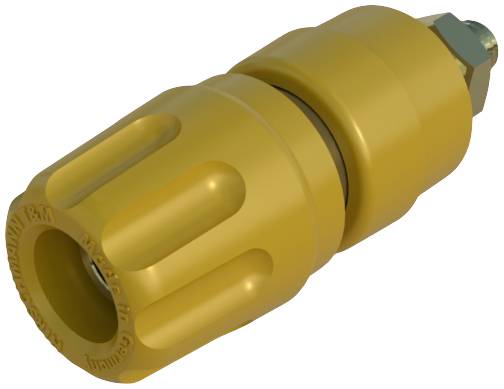 Yellow, cylindrical component with grooves, used for connecting hoses or pipes.