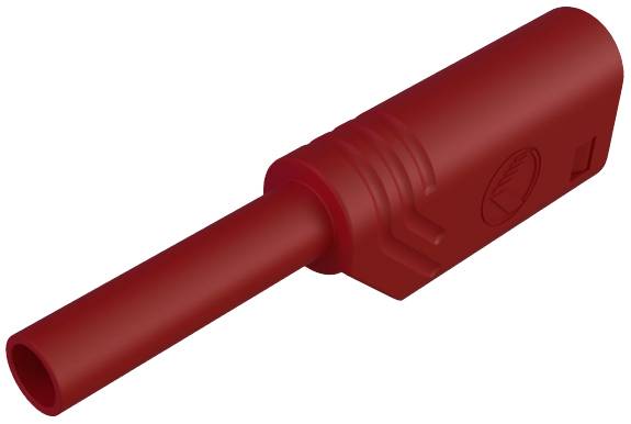 A red isolated electrical connector in a cylindrical form with a ribbed grip and manufacturer's logo on the casing.