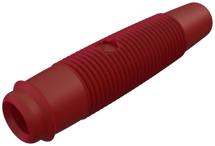Cylindrical, red, ribbed plastic object with an opening and a suggested marking in the middle, potentially a technical component.