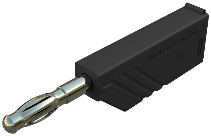 Black, rectangular plug adapter with a metallic contact pin on the left side.
