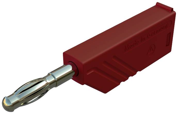 A red adapter with a metallic contact pin, side-labelled with 'Made in Germany'.