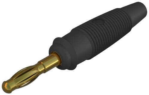 A gold-coloured banana plug with a black, ribbed handle is shown. It is used for electrical connections in audio equipment.