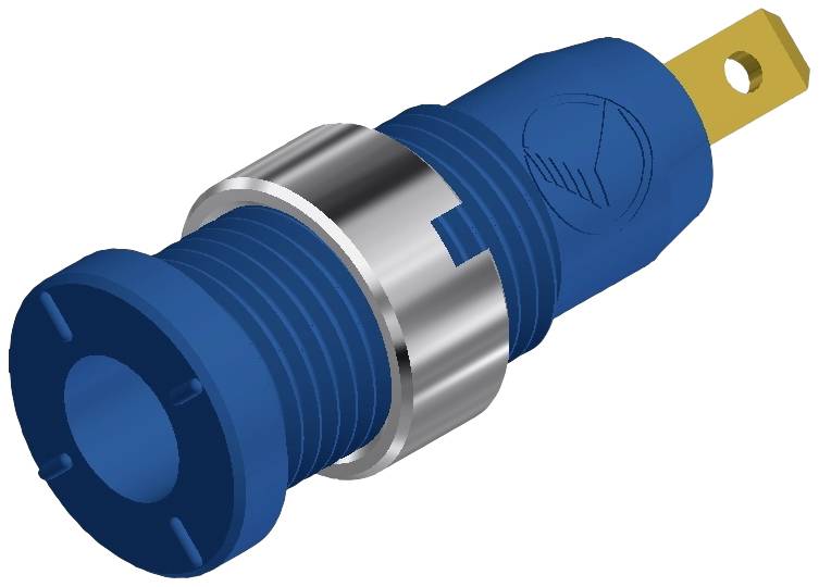 Blue cylindrical plug with metal ring and yellow connector. Side view with recessed symbol on the surface.