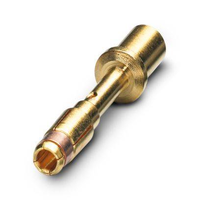A gold-coloured metal pin, cylindrical in shape, with precise grooves, lies diagonally on a white surface.