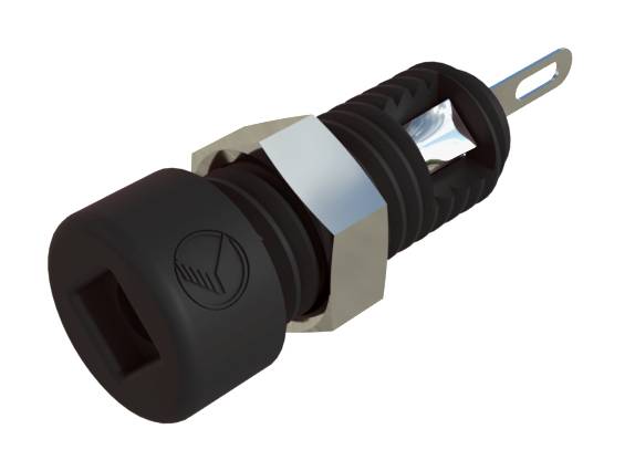 Black fuse holder with metal clips and symbolic markings on the side, for securing electrical circuits.