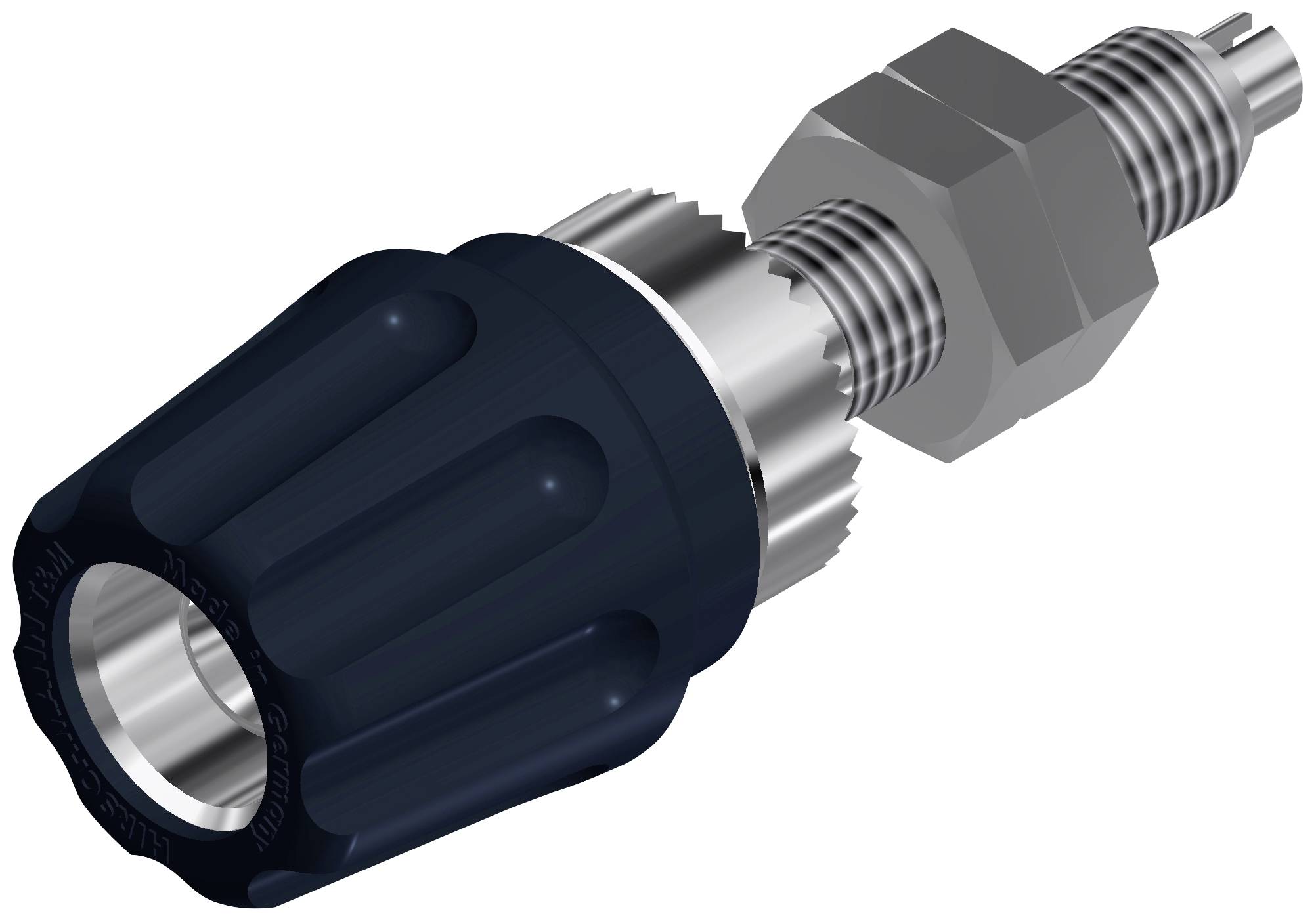 Metal screw connection with rotatable knob, suitable for pipe connections or machine components, insulated grip structure.