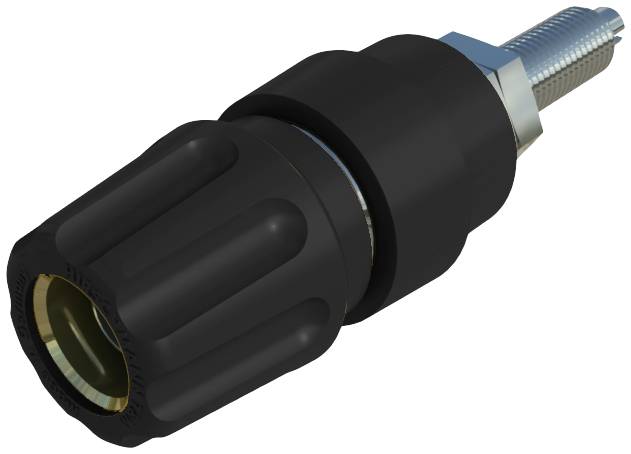 A black, ribbed plastic handle with a metal shaft and threaded screw, potentially a grip component for mechanical devices.