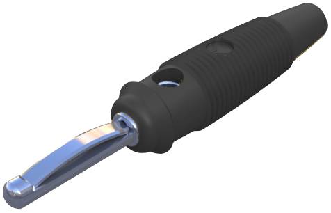 A black, ribbed handle with a long, curved metal blade.