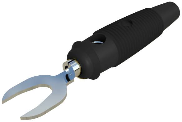 Black spanner with a knurled grip and metal fork ends, used for installation work on speaker connections.