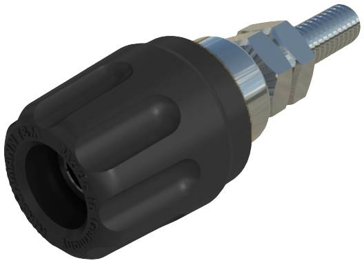 Black hose connector with threaded screw and ribbed surface, suitable for attachment to a water hose.