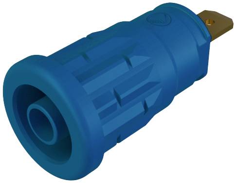 Blue, cylindrical plug with a ribbed surface and a contact point. Used for electrical connections.