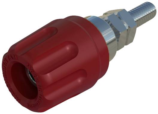 Red valve with a ribbed handle and metal threading indicates that it is used for gas or fluid control in technical applications.