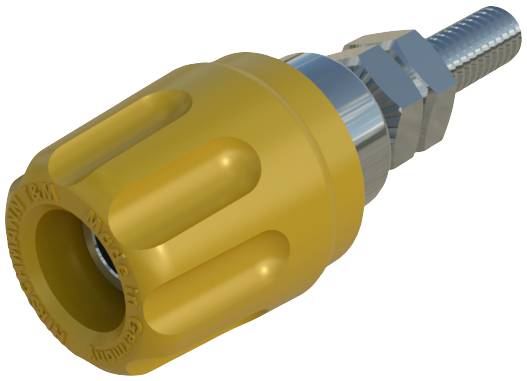 Yellow hydraulic coupling adapter with metal thread, side view.
