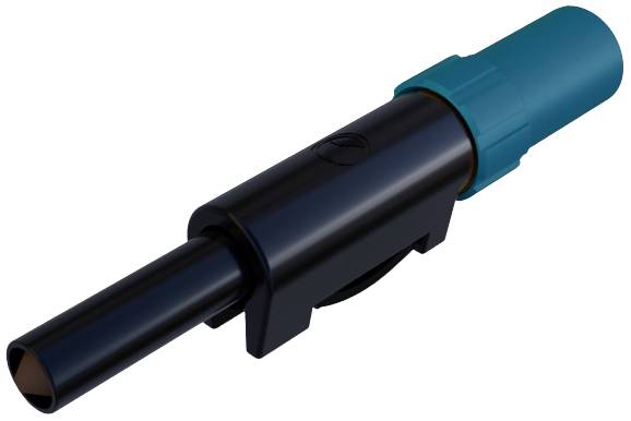 Blue and black electrical plug, cylindrical shape, side view.