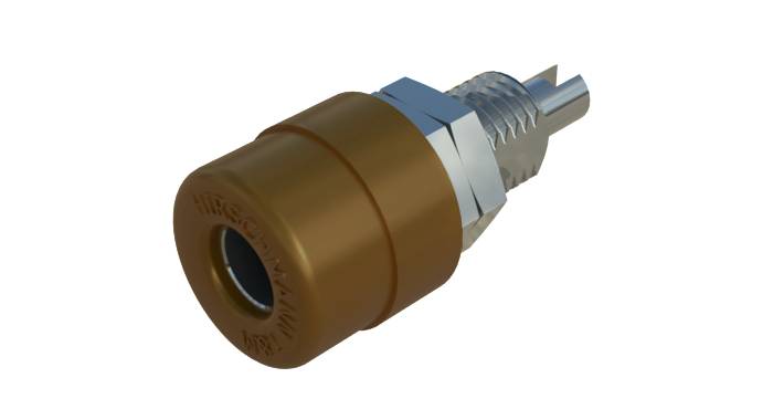 A metal valve with a brown plastic cap. It has a hexagonal nut for securing it.