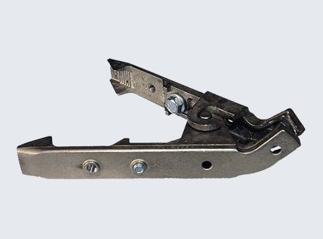 A metal latch mechanism with a spring and bolt, featuring a lever arm and notches for locking, used in securing hinged doors.