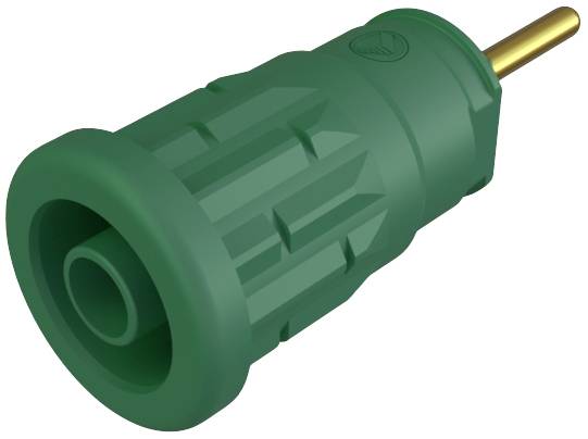 Green safety plug with a ribbed surface and gold-plated tip, suitable for electrical laboratory applications.