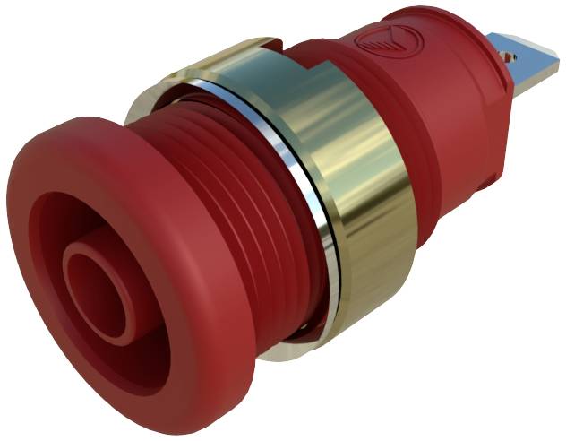 Red push button with metallic rim, side connection visible. Suitable for electronic control applications.