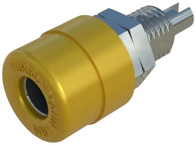 A golden, cylindrical plug with silver threads. 'Hirschmann' inscription visible. Electronic connection element.