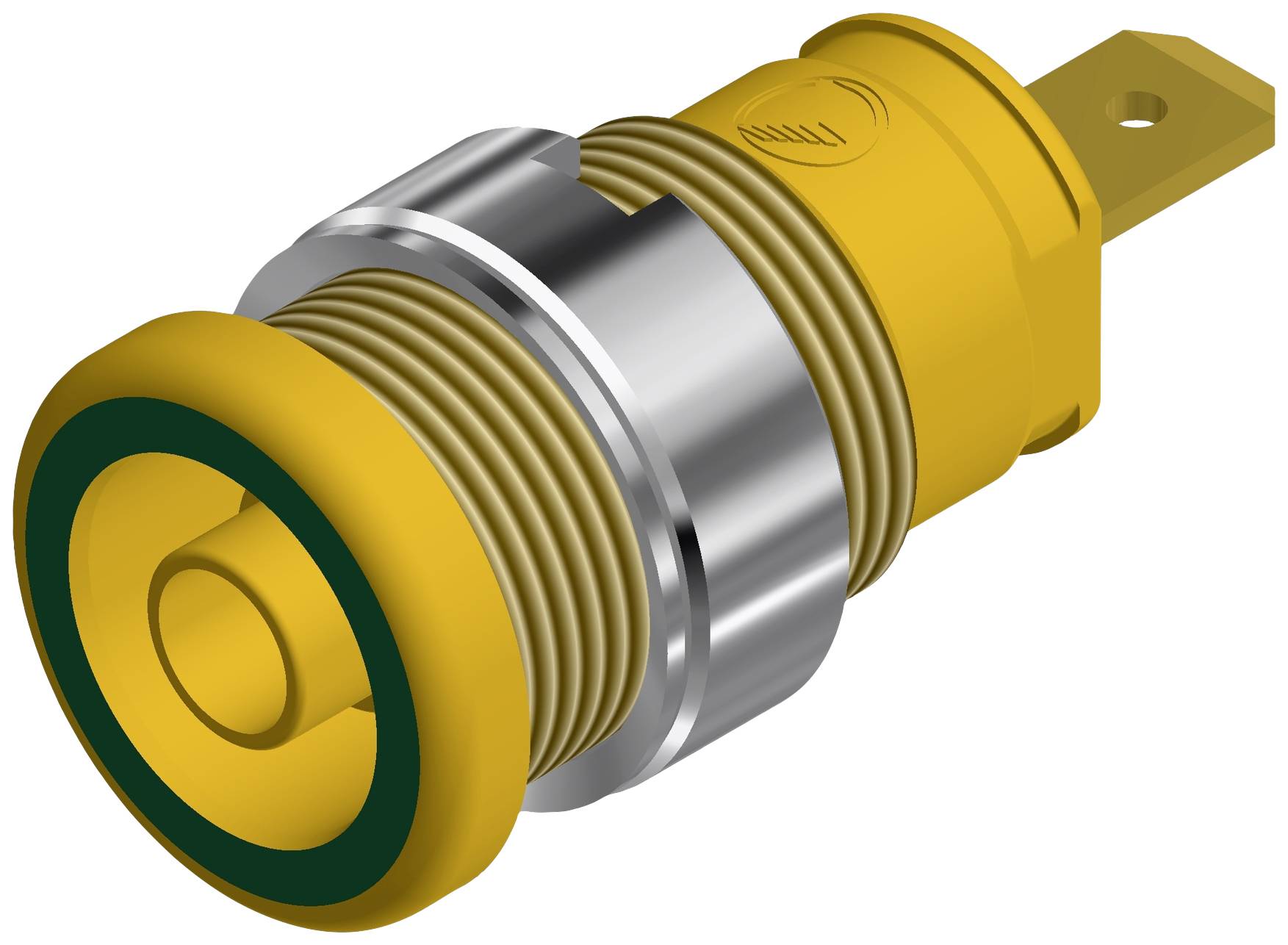 A yellow, circular push button with a green border on a metal casing.