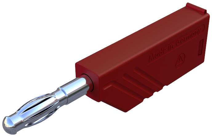 Red electronic component with silver plug, inscription 'Made in Germany'.