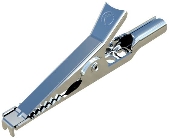 A silver metal crocodile clip with serrated jaws, commonly used for connecting electrical wires.