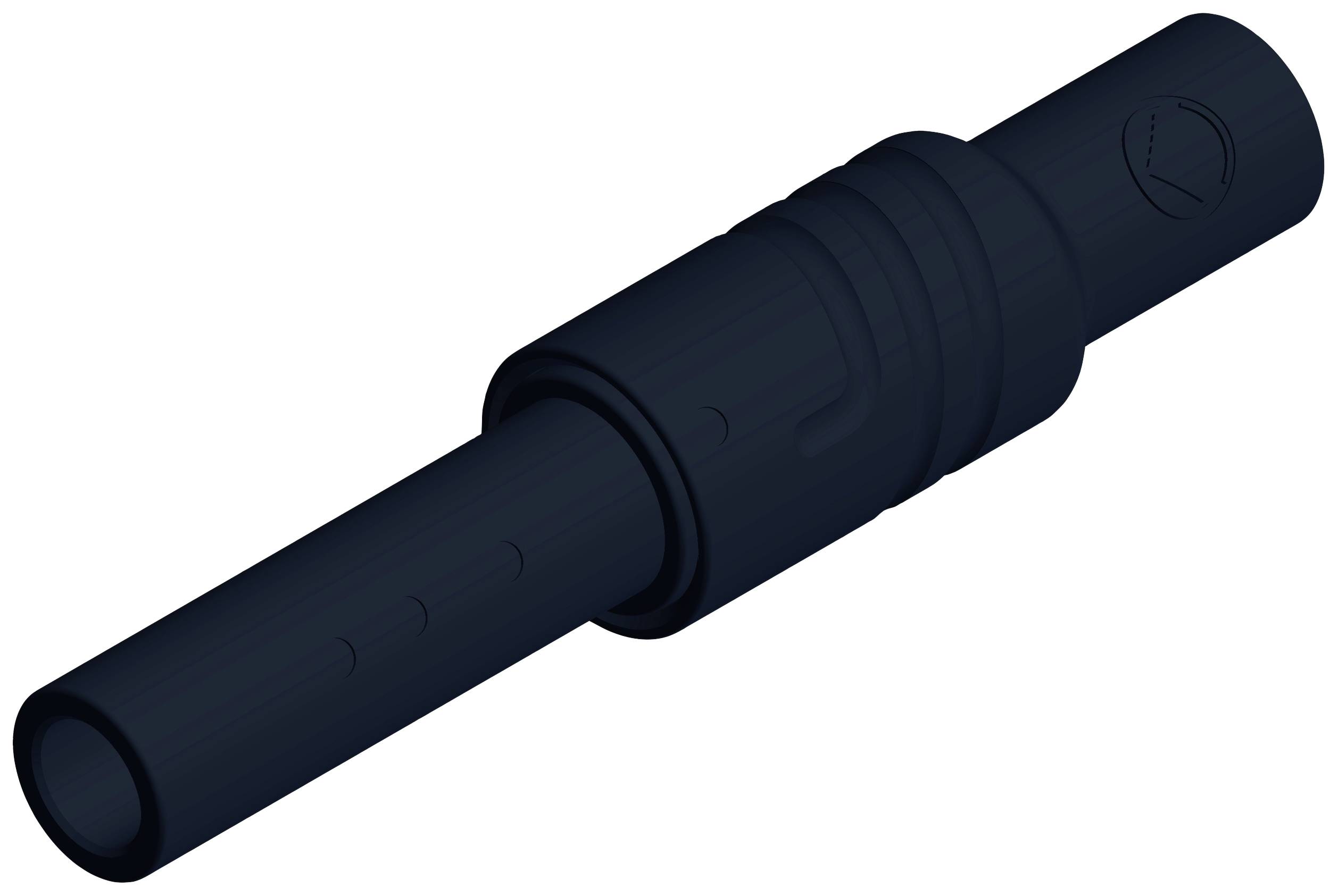 Black, cylindrical electrical connector with multiple segments and a grooved section that enables electrical connections.
