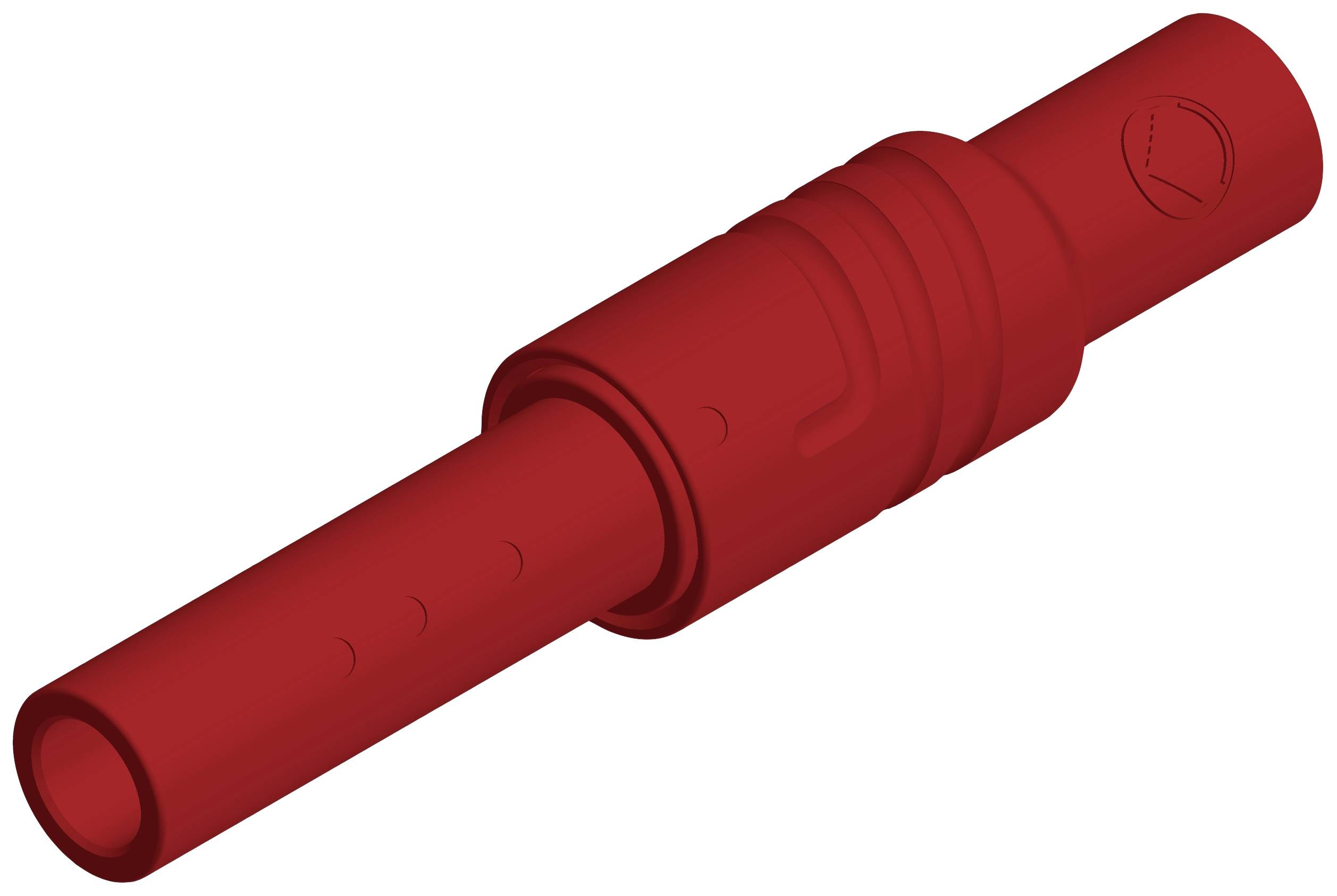 Red pipe connector, cylindrical in shape, used for connecting pipes or hoses in technical applications.