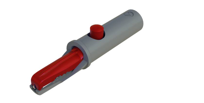 A grey, cylindrical device with a red button on top and a red mechanism on the side, possibly a safety apparatus.
