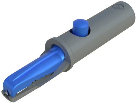 A grey and blue plastic connector, cylindrical in shape, with a push button and toothed grip area.