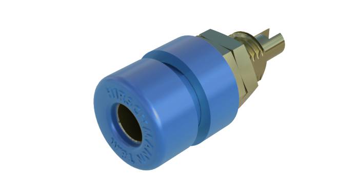 A blue pneumatic silencer with a cylindrical design and metal threading, for noise reduction in compressed air systems.