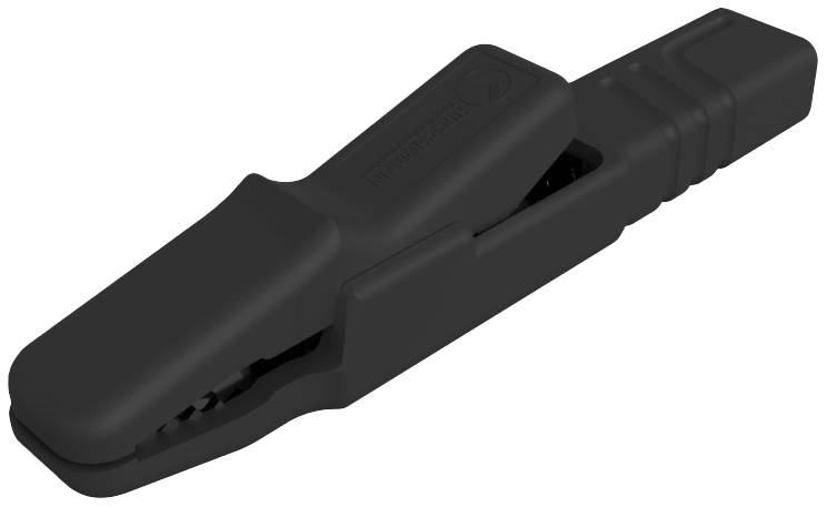 A black crocodile clip with an insulated surface, suitable for electrical tests and experiments.