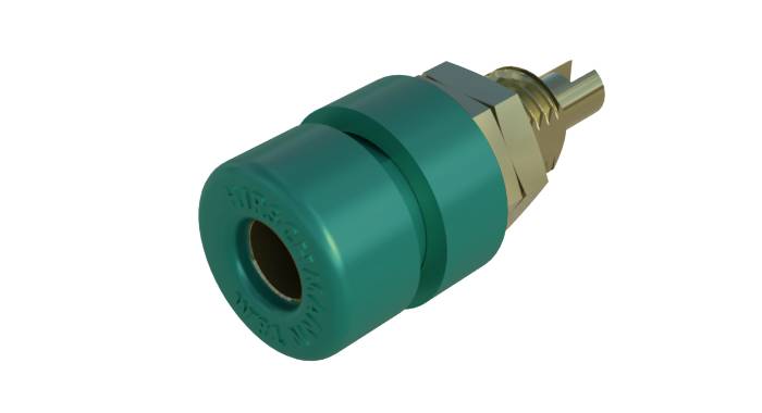 A green, cylindrical connector with a metal thread, used in electrical or technical applications.