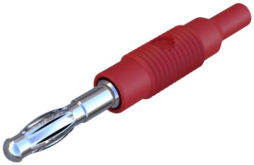 Red banana plug with metallic contact, commonly used in electronic applications for secure electrical connection.
