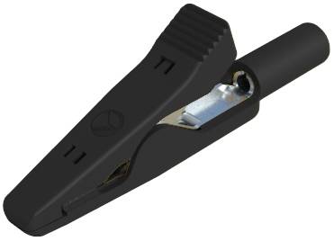 A black crocodile clip shown from the side. It has a ridged grip end and a metallic interior for electrical connection.