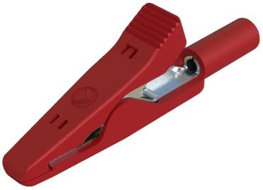 Red crocodile clip with insulated handle and metal teeth for electrical connection.