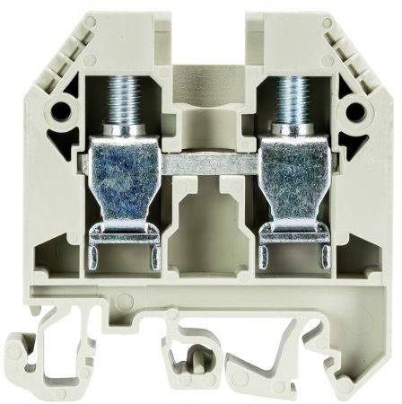 A grey electrical terminal strip with two metal screws and a connecting piece in the centre, for secure cable connections.
