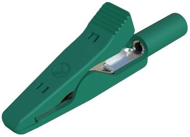 Green crocodile clip, side view. Used for securely fastening and connecting electrical wires.