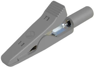High-quality grey crocodile clip plug, ideal for securely gripping wires. Demonstrates robust design and practical use.