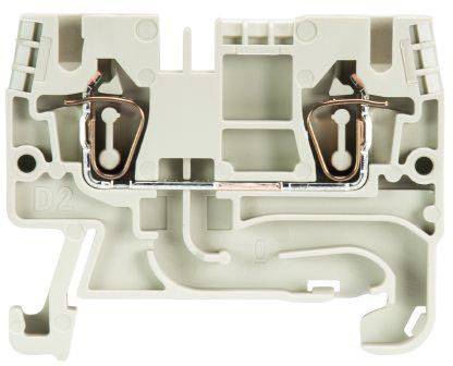 Plastic terminal housing with integrated metal terminals, suitable for electrical connections. Two screws for mounting on the left and right sides.