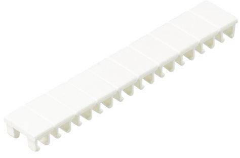A rectangular, white plastic strip with several evenly distributed, vertical clips along its underside.