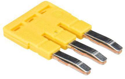 Yellow flat connector with three metal pins, typically used for electronic connections or devices.