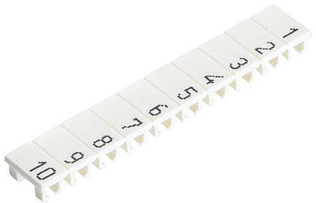 White plastic cable tray with numbered indentations from 1 to 10, used for organising cables or connections.