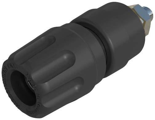 Black plastic nozzle with metallic connecting piece, likely for a pressure washer. It has a ribbed handle for better grip.